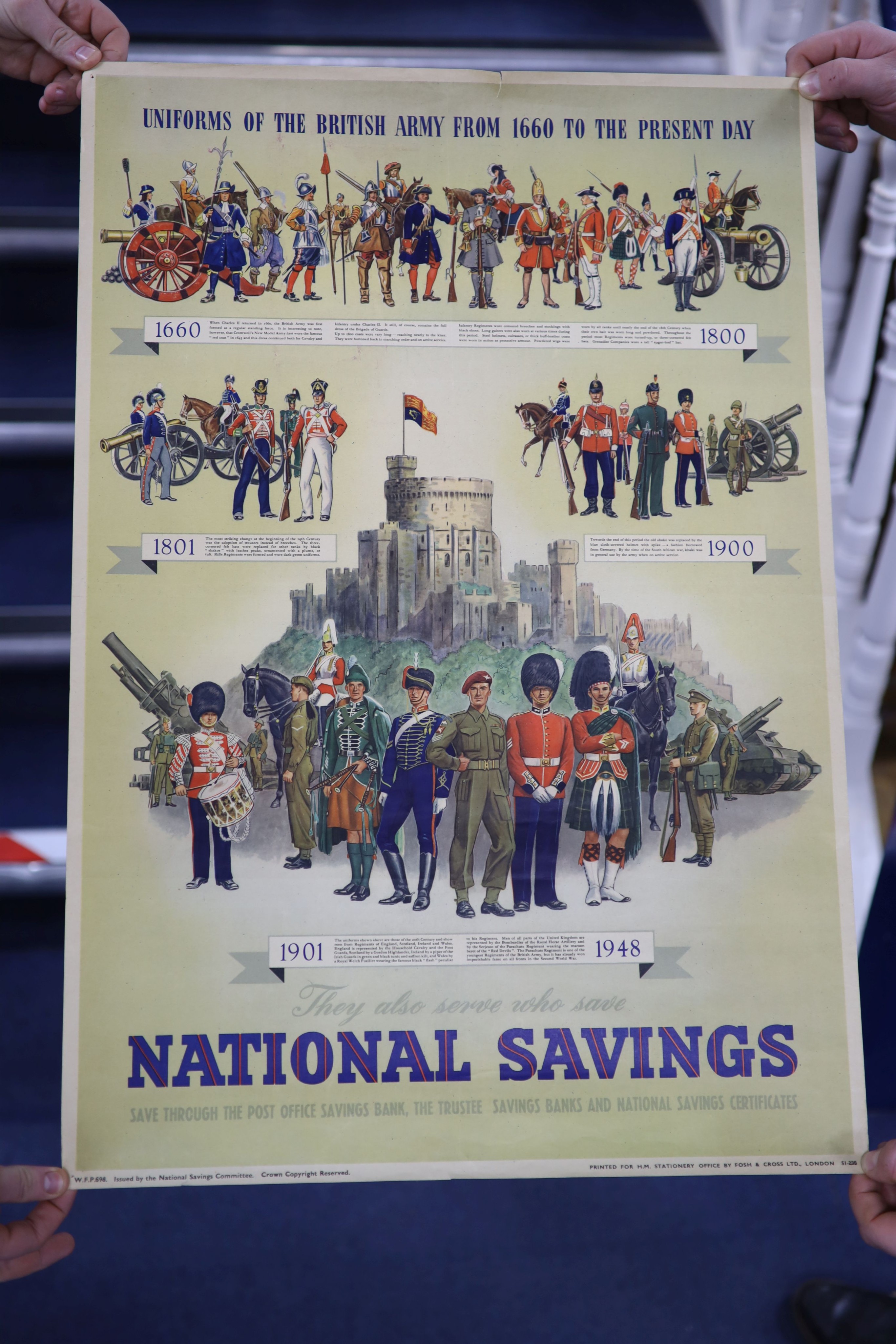 Three National Savings posters, History of British Railways, Uniforms of British Army, Fighting Ships and Uniforms of Royal Navy, all 1948